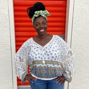 Free People white and Blue Boho Print Fringe Blouson Tie Blouse!